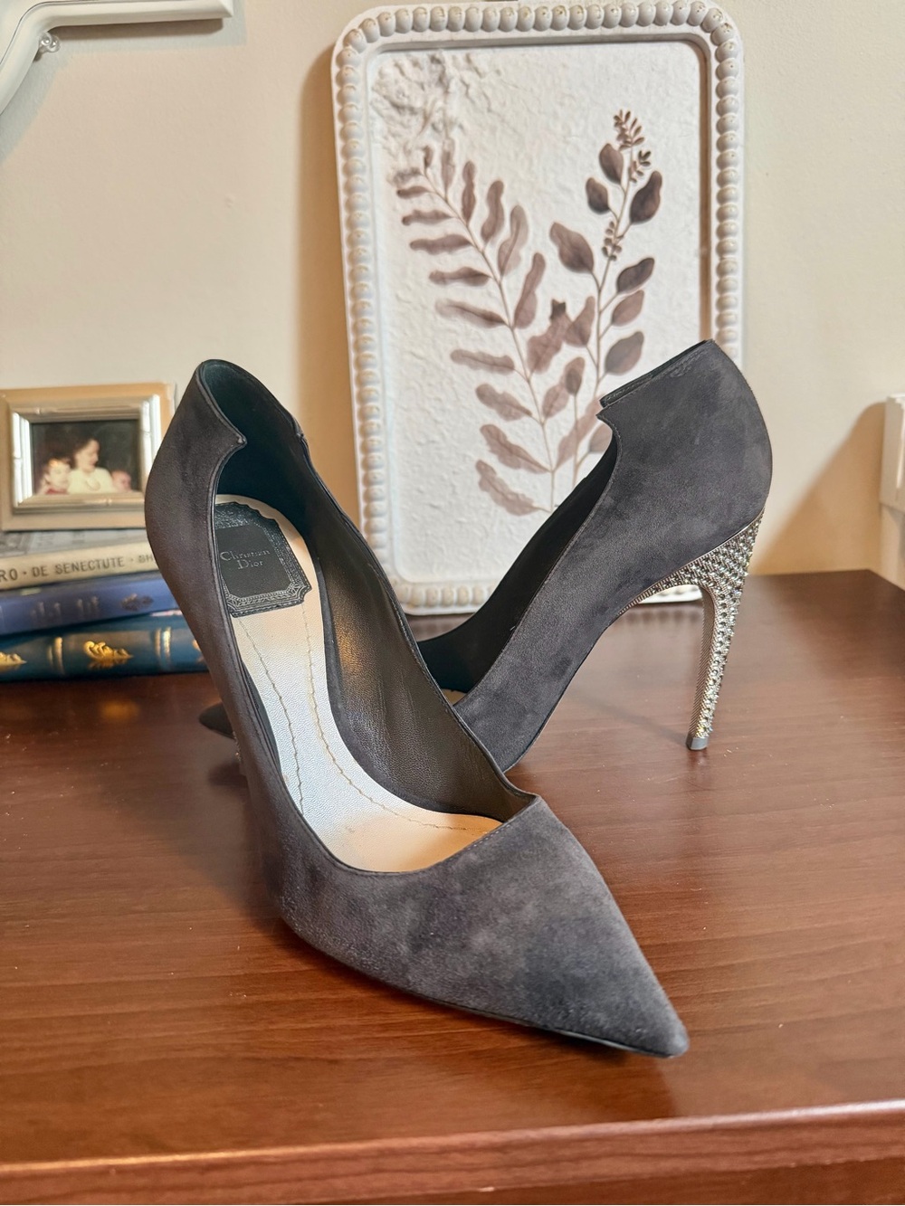 Dior Suede Gray and Crystal Heels | Size 38 (US 7.5)